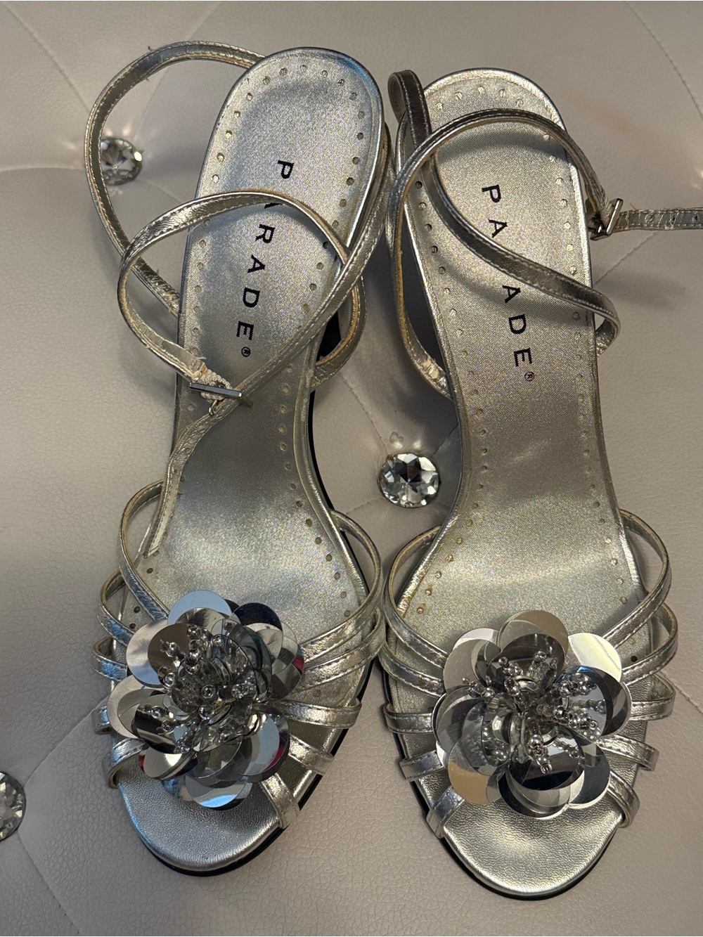 Silver Floral Embellished Strappy Heels by Parade